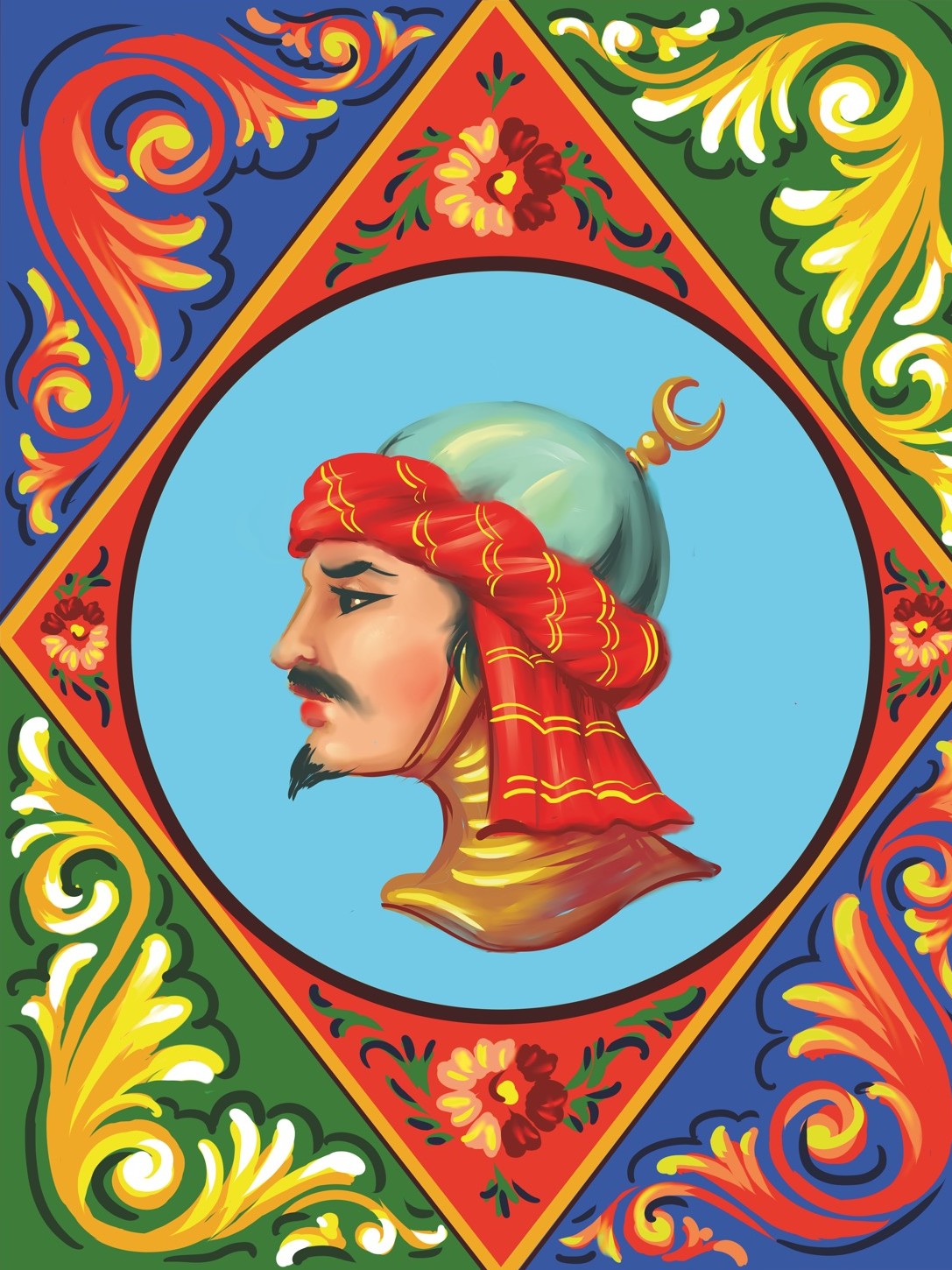 Painted carretto panel: a man's head in profile, in a red turban, framed by flowers and scrolls