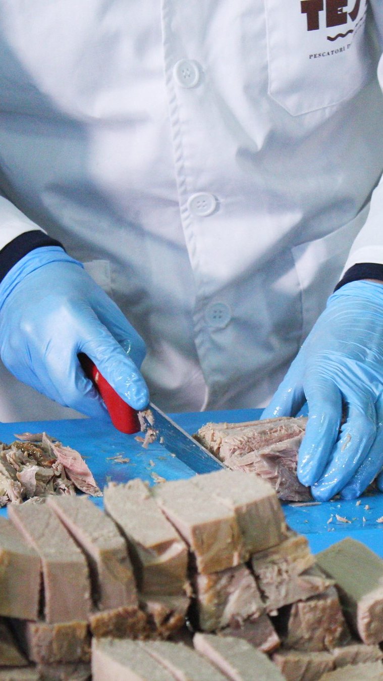 Gloved hands portioning a bluefin tuna loin with a long knife on a blue cutting board