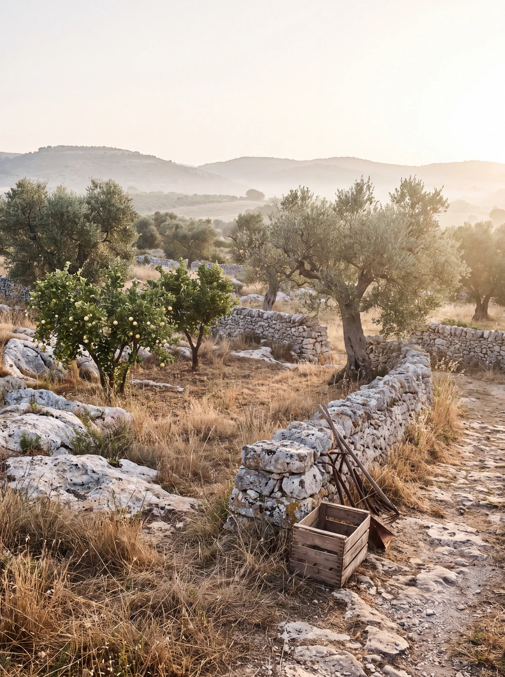 Traditional Sicilian countryside with olive trees and citrus grove
