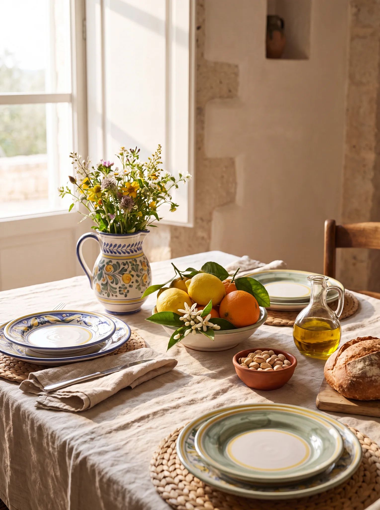 A set Sicilian table with hand-painted maiolica, citrus and olive oil in warm light