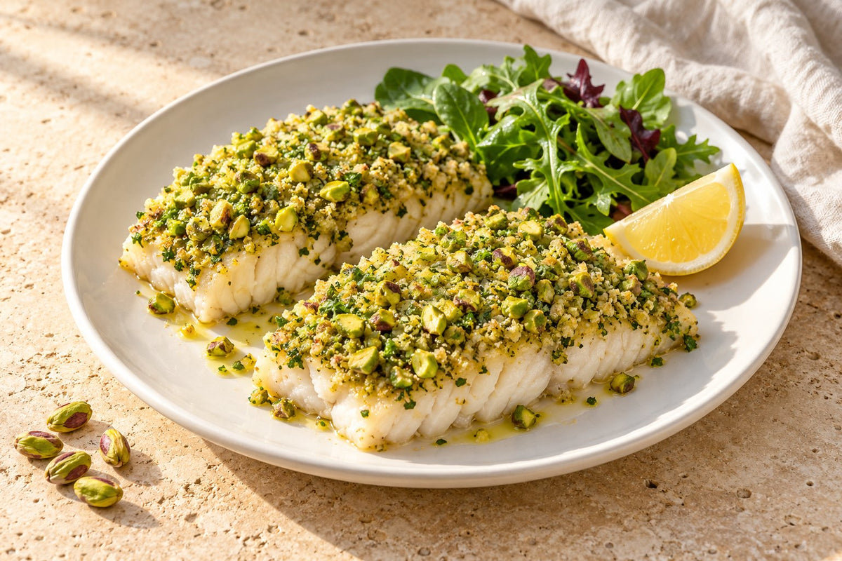 Two barramundi fillets with a green pistachio crust, a green salad and a lemon wedge on a white plate