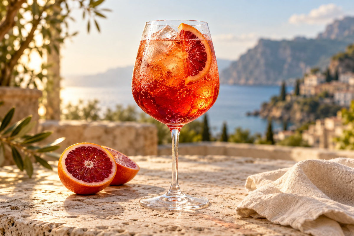 A blood orange spritz with ice and a blood orange slice in a wine glass, the sea and cliffs behind