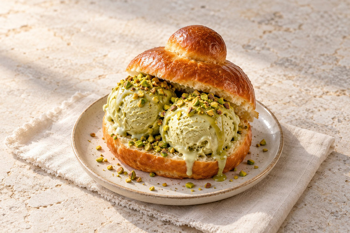 A brioscia with its topknot, filled with pistachio gelato and scattered with chopped pistachios