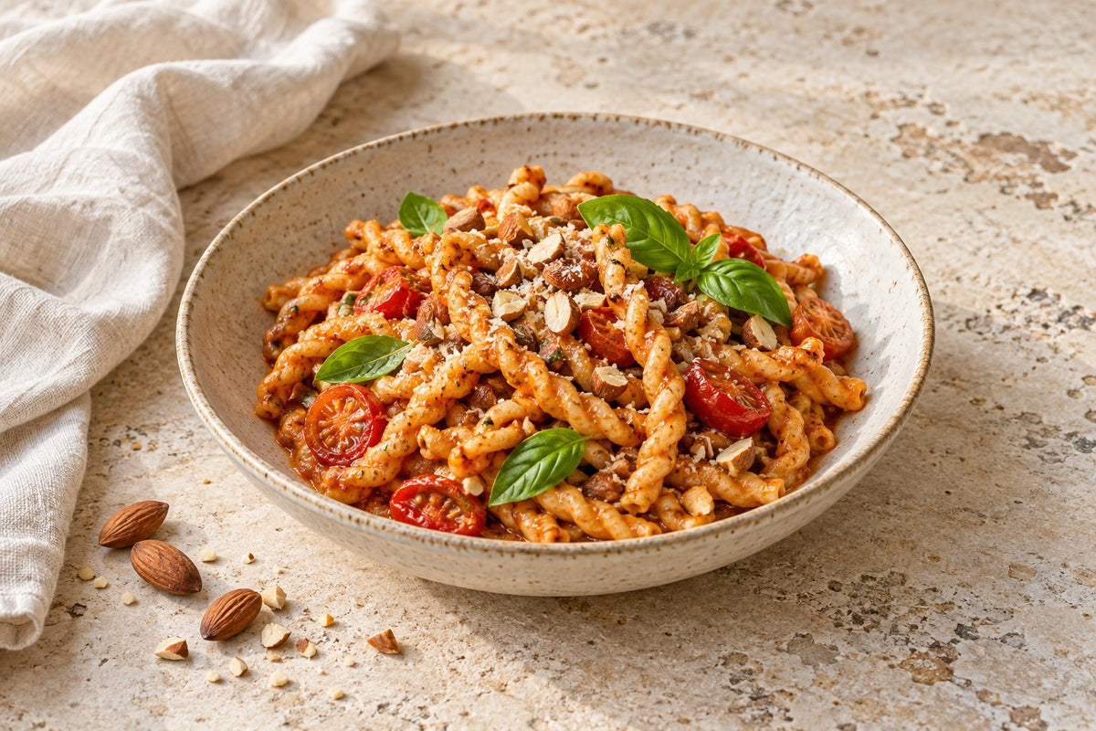 Busiate pasta with Sicilian red pesto, cherry tomatoes, toasted almonds and basil in a speckled bowl