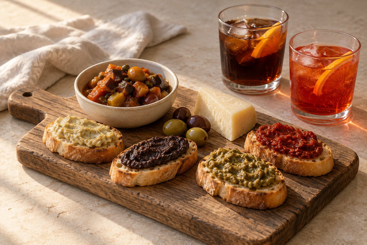 A wooden board with toast topped with four Sicilian spreads, a bowl of caponata, pecorino, olives and two glasses of soda with orange
