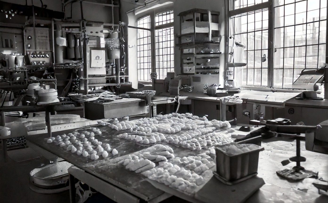 The Stramondo workshop in an archive photograph: trays of hand-shaped almond pastries on the benches of the original Sicilian laboratory.