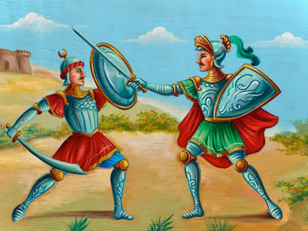 Painted carretto panel: two knights in armour duelling with sword and scimitar, a castle on the hill behind