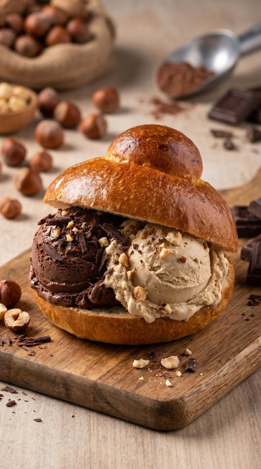 A Sicilian brioche col tuppo split and filled with chocolate and hazelnut gelato, on a wooden board