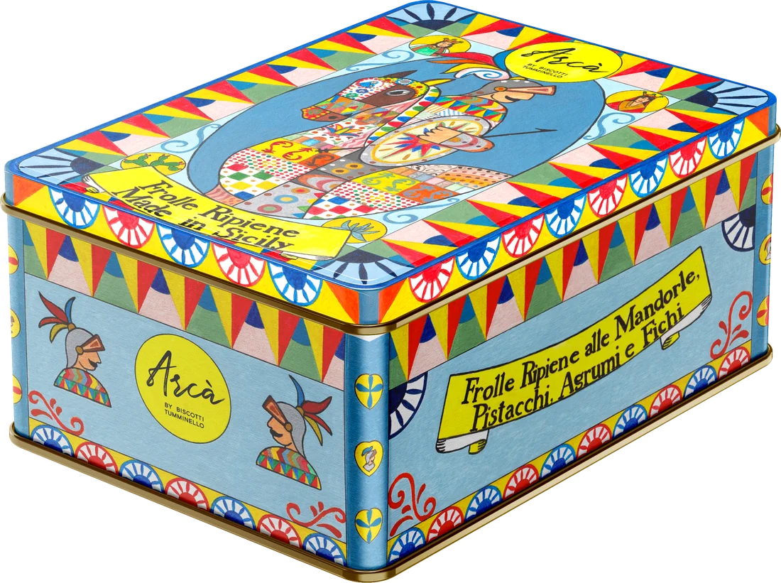 A sky-blue tin painted with folk patterns, a knight on horseback on the lid