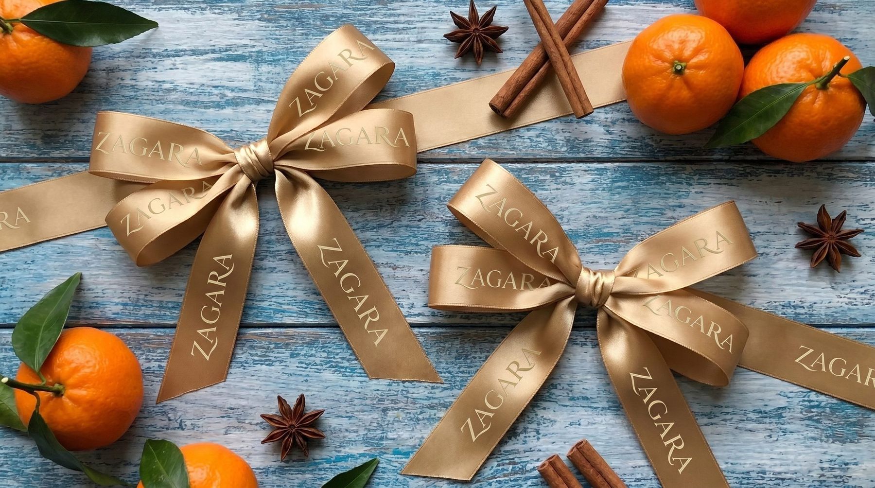 ZAGARA gold ribbon gift bows with mandarins and cinnamon