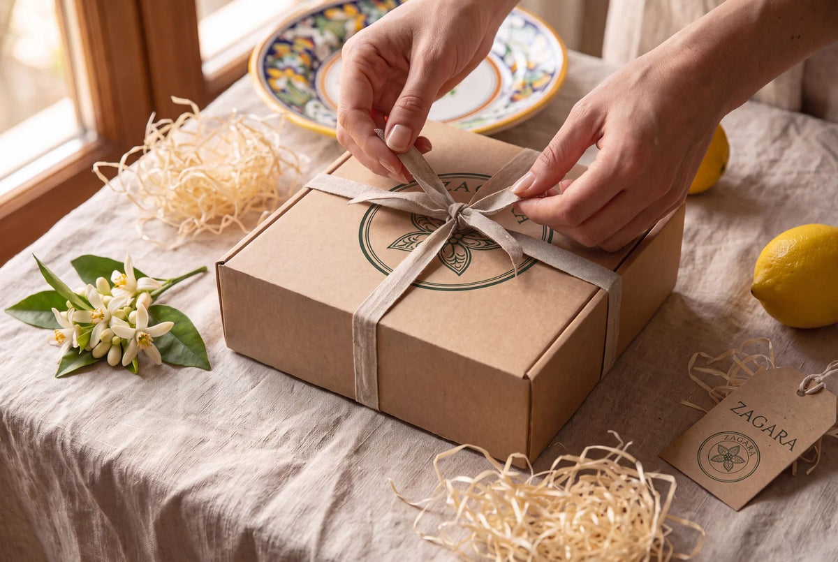 Hands tying a ribbon on a ZAGARA kraft gift box with citrus blossom