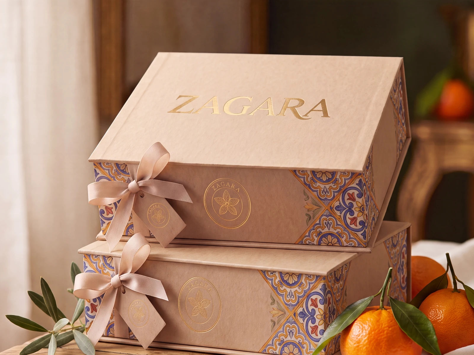 Two ZAGARA gift boxes with Sicilian maiolica patterns tied with satin ribbons, with fresh mandarins and an olive sprig on a rustic wooden table.
