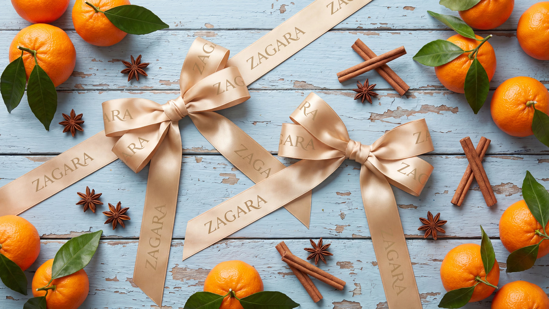ZAGARA gold ribbon gift bows with mandarins and cinnamon